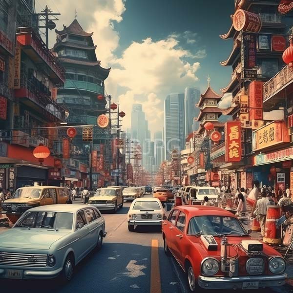 High Resolution: Bustling urban street in a Chinese city blends traditional and modern elements filled with vintage cars and traditional buildings with pagoda-style roofs and red lanterns download. | HRJPG.com
