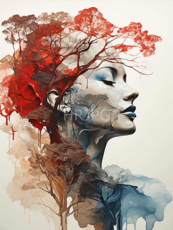 High Resolution: Watercolor-style digital artwork depicts a serene light-skinned woman with her head intricately merged with red and brown trees with leaves and branches download. | HRJPG.com