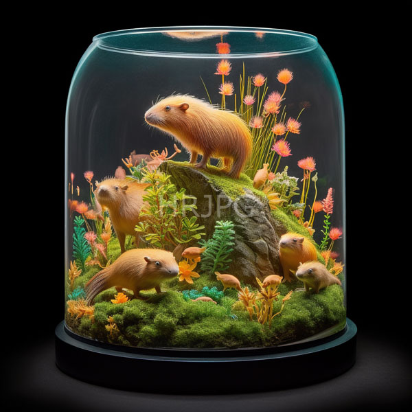 High Resolution: Detailed miniature diorama clear glass dome scene six realistic small brown-furred rodents long tails standing and moving moss-covered base base download. | HRJPG.com