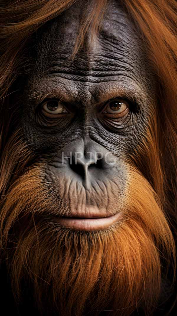 High Resolution: Orangutan detailed portrait features deep expressive brown eyes wrinkled dark gray skin prominent textured nose long vibrant orange fur frames download. | HRJPG.com