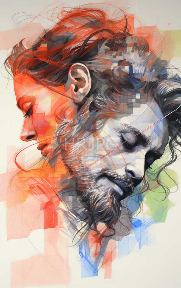 High Resolution: Blended portrait human and lion features closed eyes wavy hair red orange hues overlaid by a grayscale lion face with abstract shapes download. | HRJPG.com
