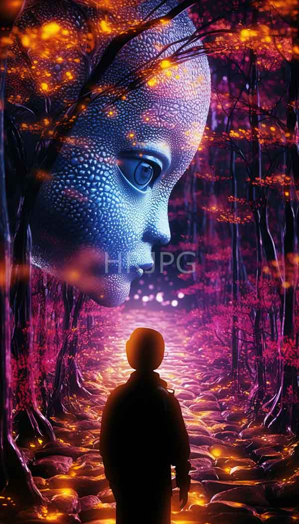 High Resolution: Silhouetted figure standing glowing purple-hued forest ethereal orange-lit trees large textured blue and silver face single eye looms download. | HRJPG.com