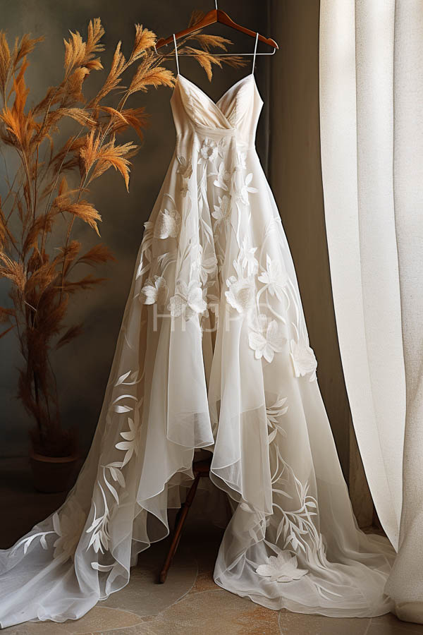 High Resolution: White strapless wedding gown featuring a sweetheart neckline and a voluminous floral-embellished tulle skirt adorned with large three-dimensional white flowers is hanging on a wooden hanger download. | HRJPG.com