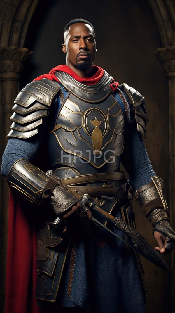 High Resolution: Muscular Black man short beard wears medieval-style silver armor red cape blue tunic and holds a sword with serious expression download. | HRJPG.com