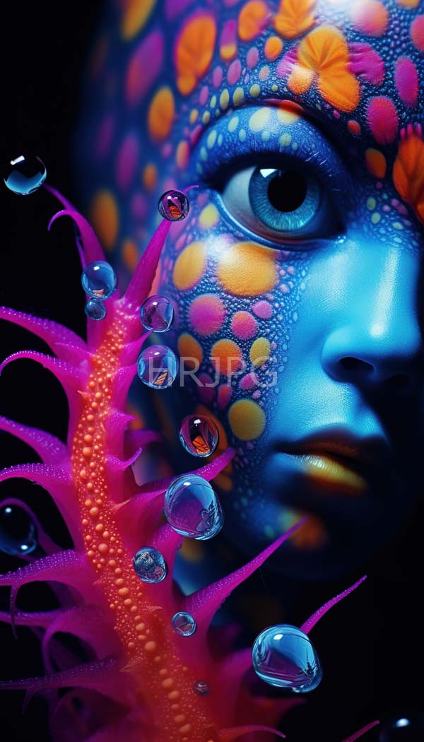 High Resolution: Person vividly painted face surreal style predominantly blue orange and pink circular patterns features prominent bright blue eye Pink translucent download. | HRJPG.com