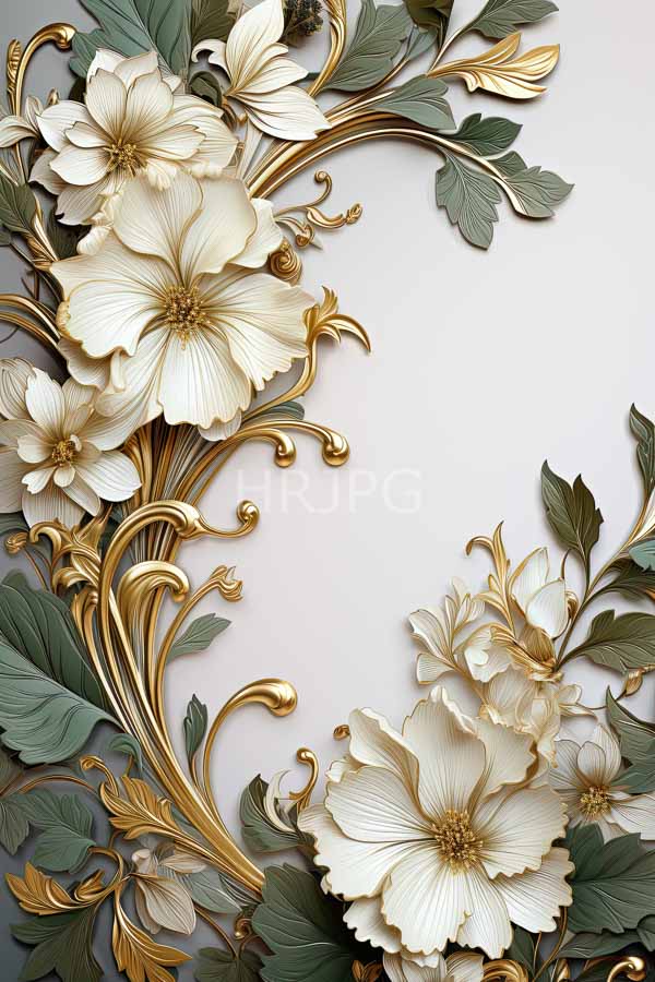 High Resolution: Ornate floral border features large detailed white flowers gold centers and delicate green leaves intricately arranged symmetrical design download. | HRJPG.com