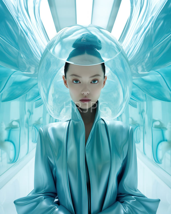 High Resolution: Pale-skinned blue-eyed woman slender build wearing shiny metallic blue robe and transparent spherical helmet stands futuristic aqua-toned corridor download. | HRJPG.com