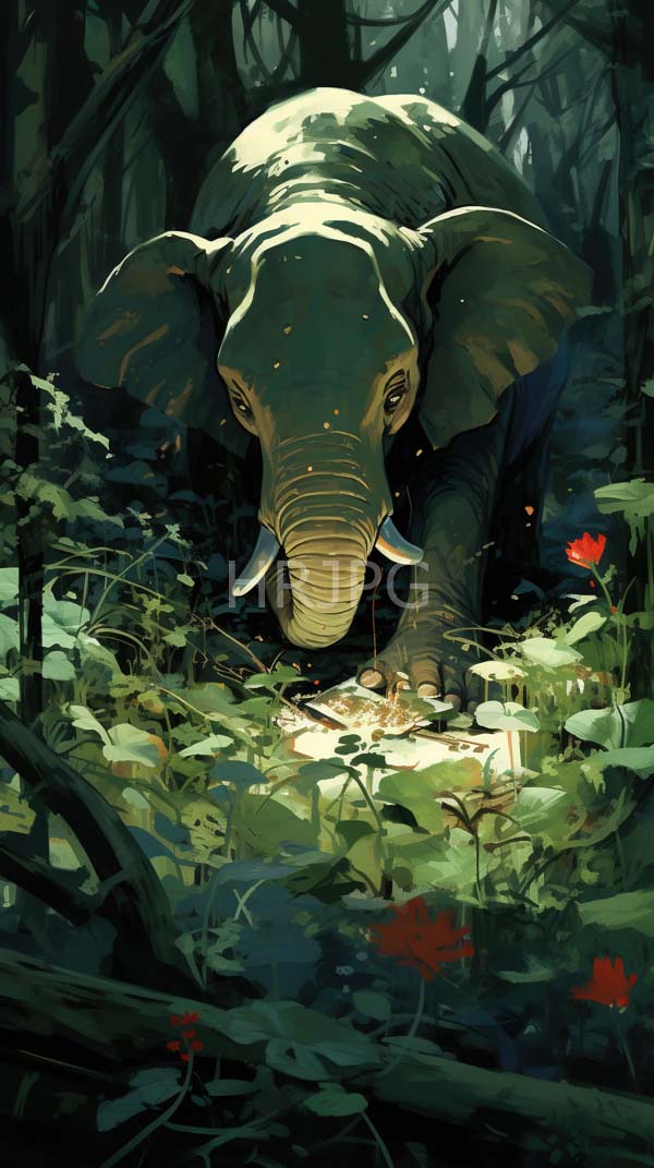 High Resolution: Large gray elephant prominent tusks standing dense shadowy forest looking down sunlit patch green foliage and single red flower download. | HRJPG.com
