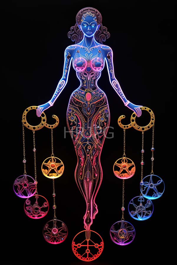 High Resolution: Neon glowing blue and pink intricately patterned nude woman curly hair holds two ornate golden circular pendulums against black download. | HRJPG.com