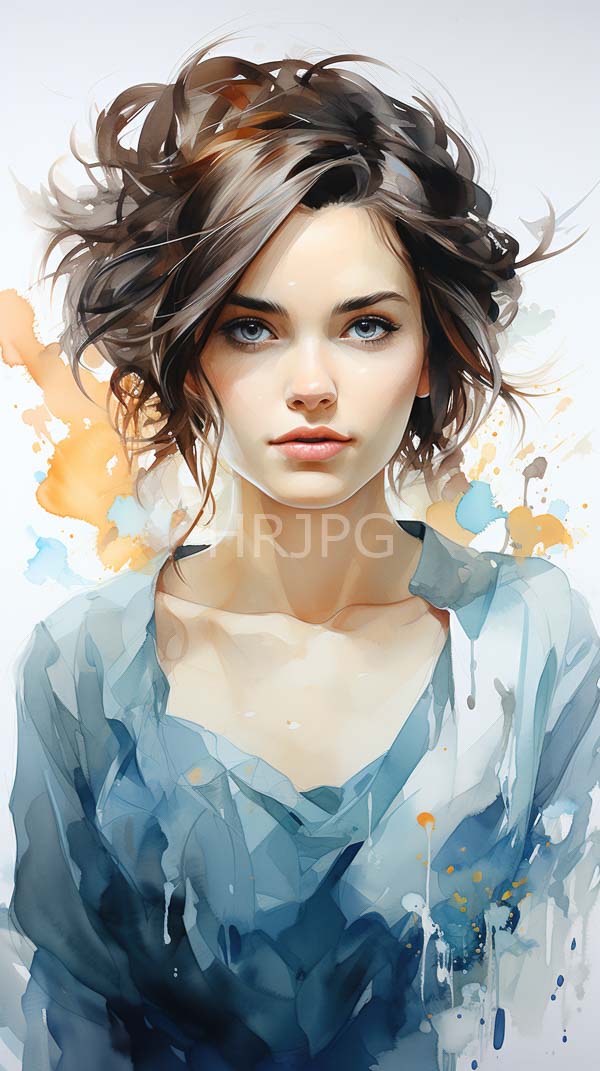 High Resolution: Young woman fair skin blue eyes wavy brown hair wears loose blue V-neck shirt abstract splashes orange blue and white download. | HRJPG.com