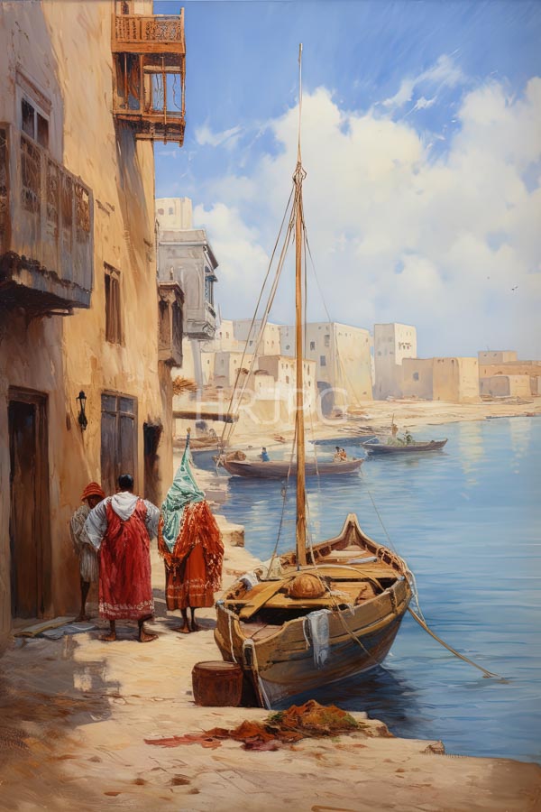 High Resolution: Detailed realistic oil Mediterranean coastal scene features two women red and orange traditional dresses white headscarves stand stone dock download. | HRJPG.com