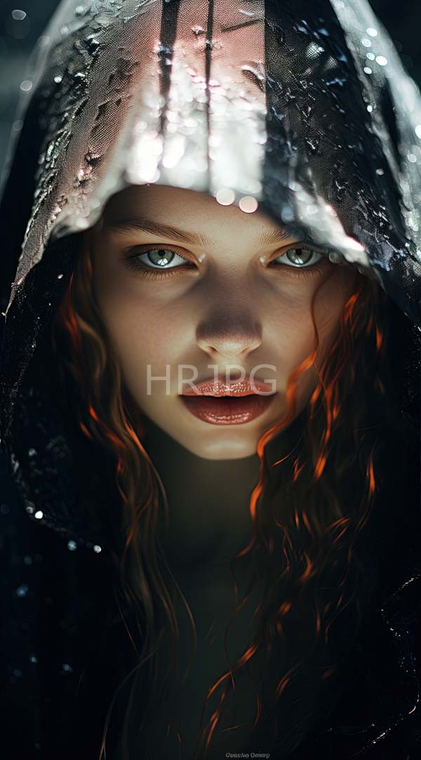 High Resolution: Young woman fair skin striking green eyes wearing wet translucent hooded cloak long wavy red hair visible beneath droplets glistening download. | HRJPG.com