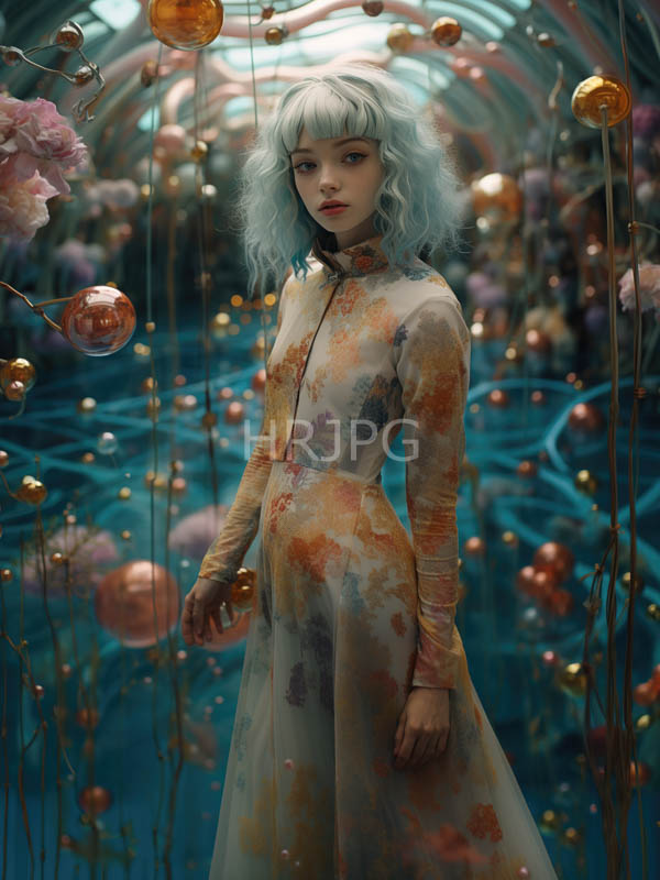 High Resolution: Pale-skinned blue-haired woman wavy hair wearing translucent long-sleeved floral dress stands surreal glass-arched greenhouse filled floating golden and download. | HRJPG.com