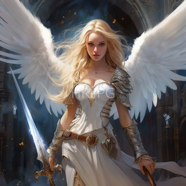 High Resolution: Fantasy blonde fair-skinned angelic warrior large white wings wears white form-fitting dress gold armor accents holds glowing sword download. | HRJPG.com