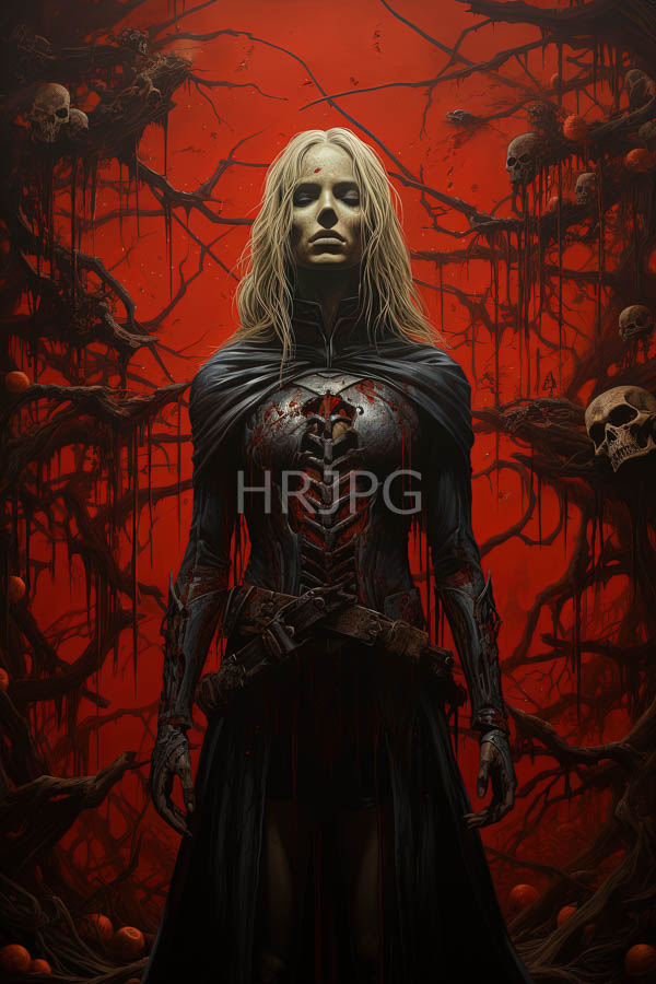 High Resolution: Pale-skinned blonde-haired woman skeletal blood-streaked face and body wears black tattered cloak stands against vivid red filled hanging skulls download. | HRJPG.com