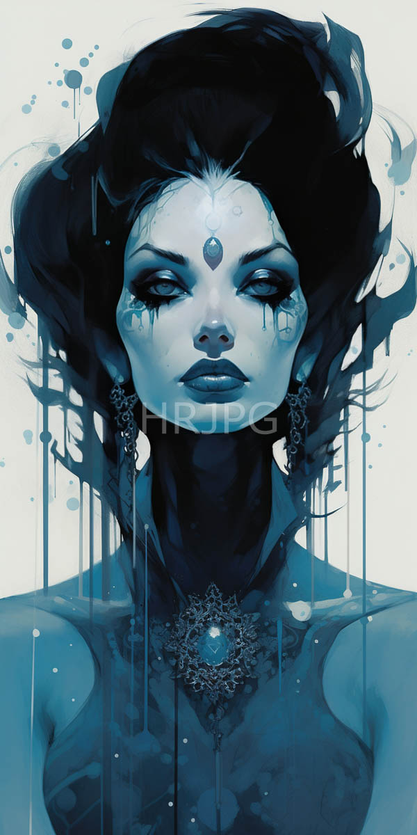 High Resolution: Mysterious blue-toned woman dark voluminous hair wearing intricate ornate jewelry has gem her forehead dark lipstick piercing eyes download. | HRJPG.com