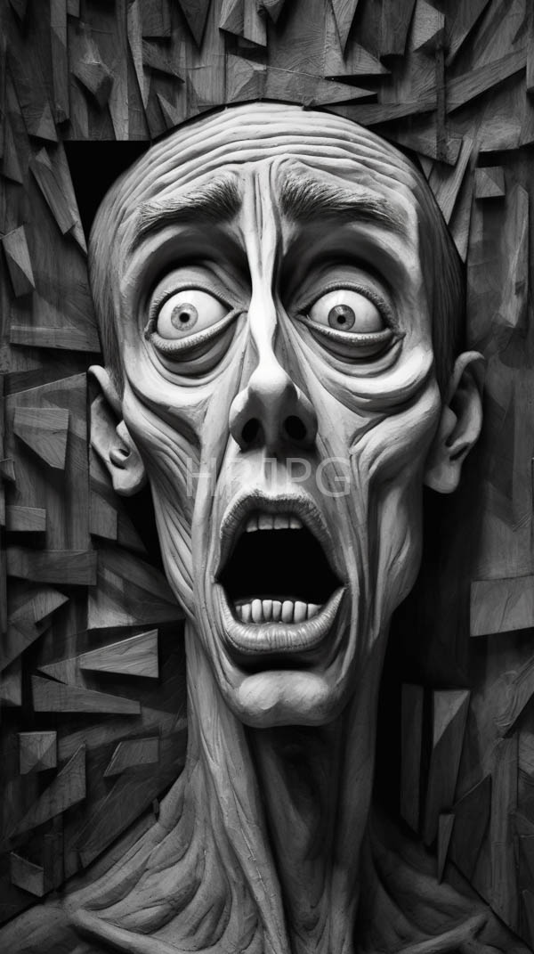 High Resolution: Black-and-white terrifying emaciated zombie wide crazed eyes open mouth showing teeth prominent wrinkles consists jagged geometric shapes download. | HRJPG.com