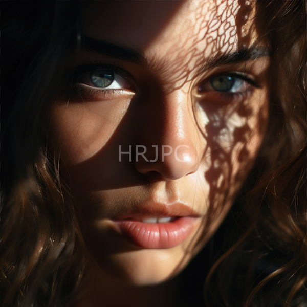 High Resolution: Young woman portrait light skin blue eyes full pink lips wavy brown hair partially obscures her face sunlight casting intricate shadows download. | HRJPG.com