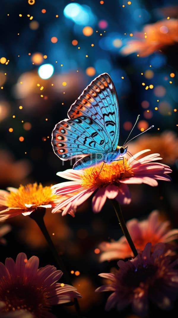 High Resolution: Vibrant blue butterfly black and orange patterns perched pink daisy blurred mix blue and orange bokeh lights scattered golden sparkles download. | HRJPG.com