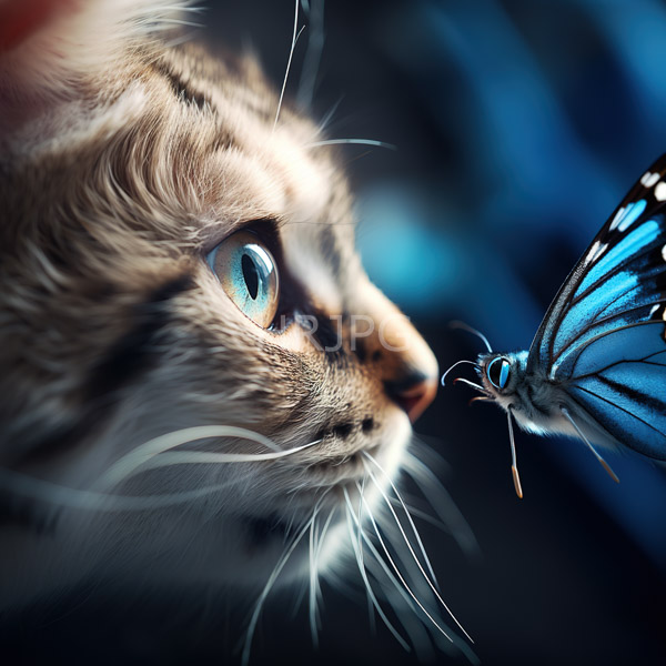 High Resolution: Brown tabby cat side profile blue eyes gazing intently vibrant blue butterfly black and white patterns cat's fur detailed soft download. | HRJPG.com