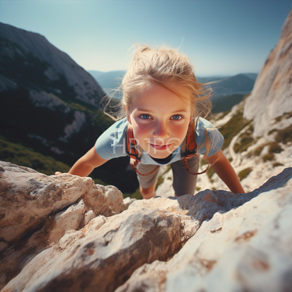 High Resolution: Young blonde woman blue eyes wearing light blue shirt orange backpack climbing rocky terrain looking up camera determined download. | HRJPG.com