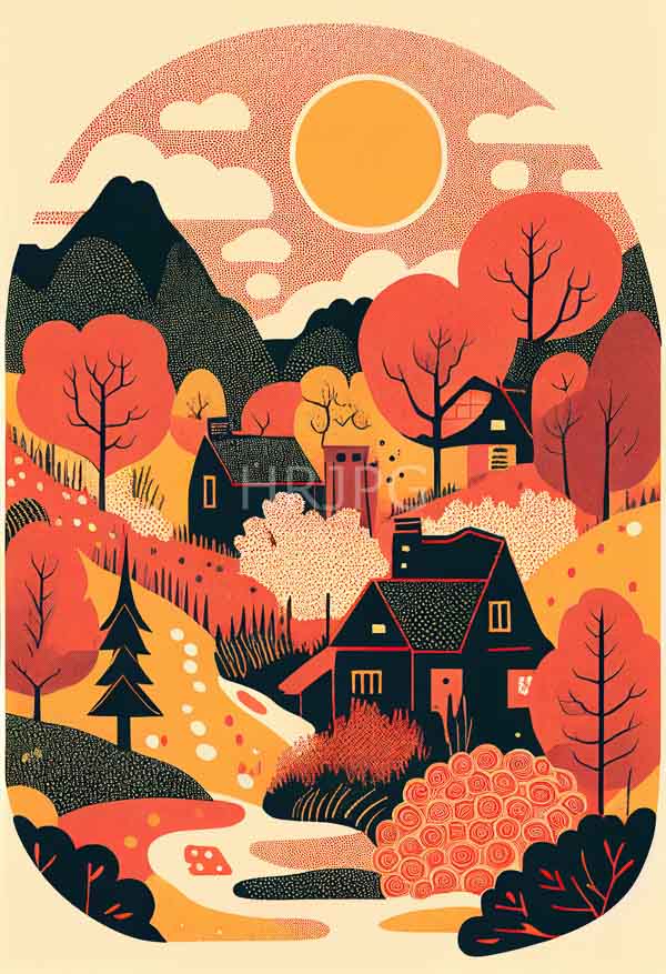 High Resolution: Flat stylized art style depicts vibrant autumn village scene foreground dark wooden houses lit windows surrounded by red orange and download. | HRJPG.com