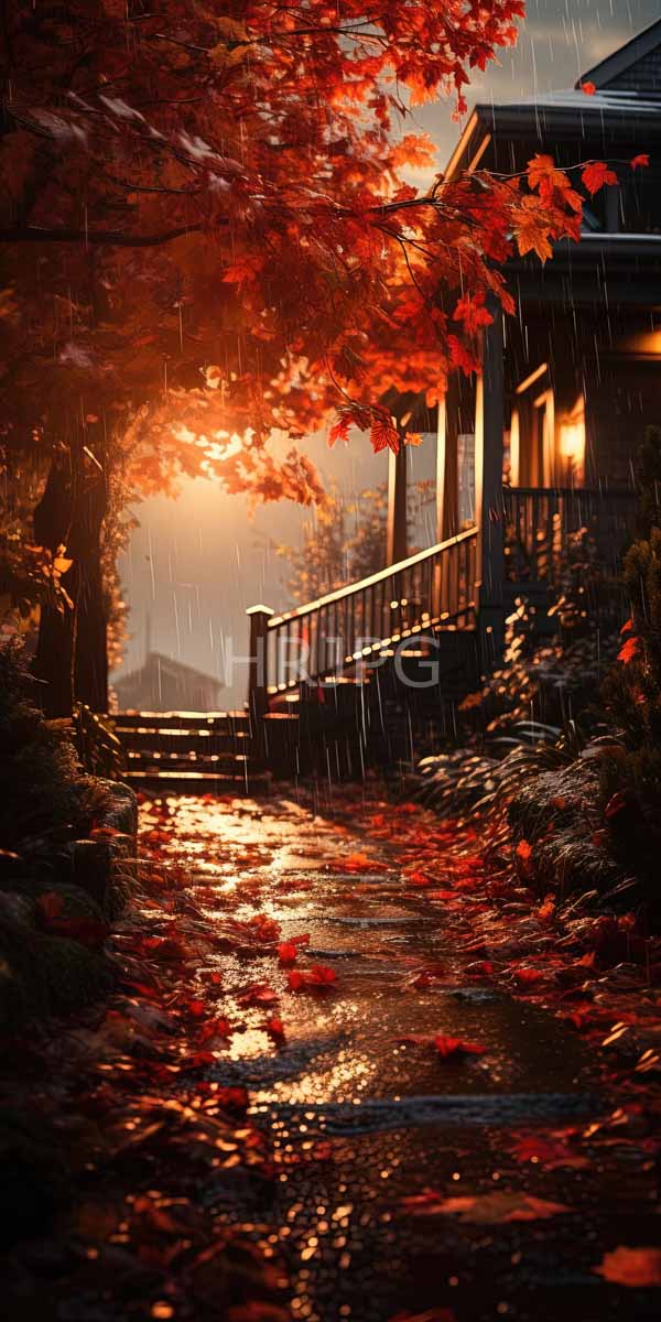 High Resolution: Serene rainy autumn evening wooden house lit window right surrounded by vibrant red and orange leaves Raindrops visible reflective wet path download. | HRJPG.com