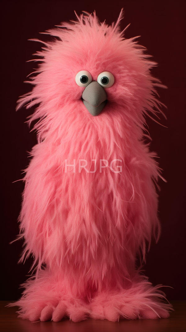 High Resolution: Fluffy pink handmade felt monster shaggy fur large white eyes black pupils gray triangular beak creature stands against dark download. | HRJPG.com