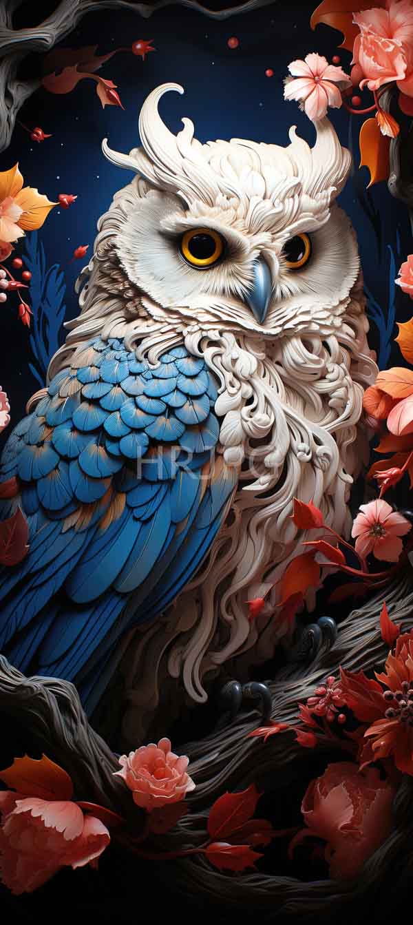High Resolution: Detailed fantasy-style owl white curly feathers vibrant blue wings surrounded colorful pink and red flowers owl large download. | HRJPG.com