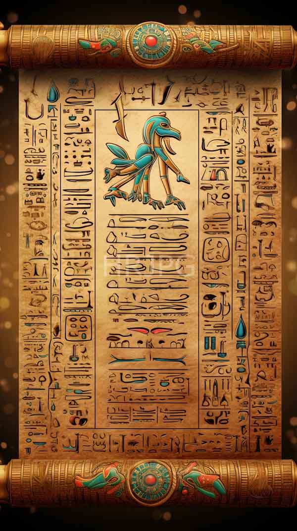 High Resolution: Ancient Egyptian scroll intricate hieroglyphs black ink golden-brown parchment colorful stylized blue and red bird outstretched wings centered surrounded by download. | HRJPG.com