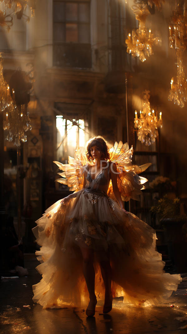 High Resolution: Woman curly brown hair wearing voluminous golden tulle ball gown translucent wing-like extensions stands dimly lit opulent room golden download. | HRJPG.com