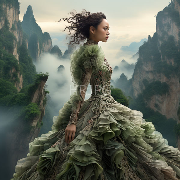 High Resolution: Asian woman curly hair wearing elaborate ruffled green Victorian-style dress intricate floral patterns stands poised misty mountainous landscape download. | HRJPG.com