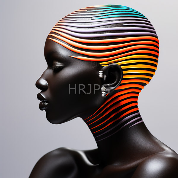 High Resolution: Dark-skinned androgynous mannequin smooth glossy black finish head adorned vibrant wavy multicolored stripes orange yellow blue purple download. | HRJPG.com