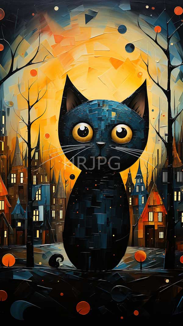 High Resolution: Large black pixelated cat wide reflective yellow eyes stands dark whimsical village night glowing orange full moon leafless trees and download. | HRJPG.com