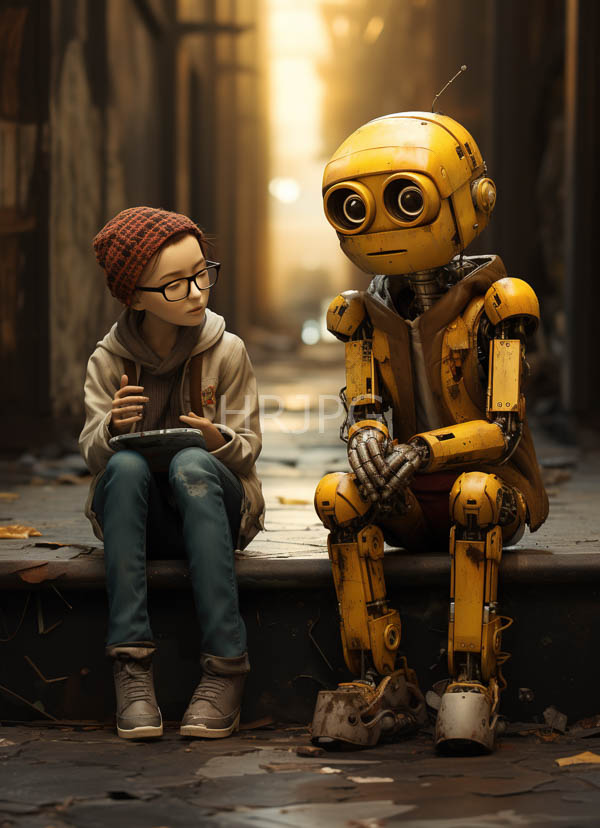 High Resolution: Young woman glasses red beanie beige hoodie blue jeans sits stone step holding tablet next yellow worn-out robot large round eyes download. | HRJPG.com