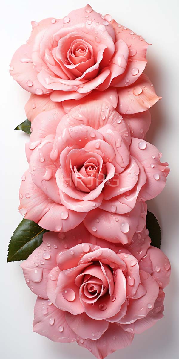 High Resolution: Three pink roses vertically aligned droplets water their petals have soft delicate textures surrounded by small green download. | HRJPG.com