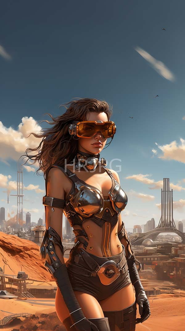 High Resolution: Futuristic curvy woman tan skin long brown hair wearing metallic orange and black revealing armor large goggles stands download. | HRJPG.com
