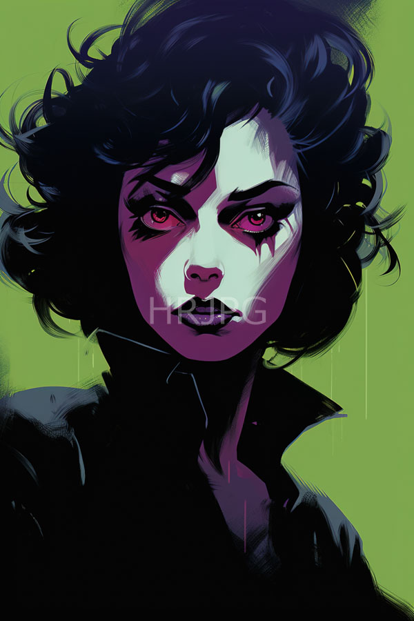 High Resolution: Dark-haired woman curly hair pale skin intense red eyes wears black high-collared garment has dramatic dark purple black makeup download. | HRJPG.com