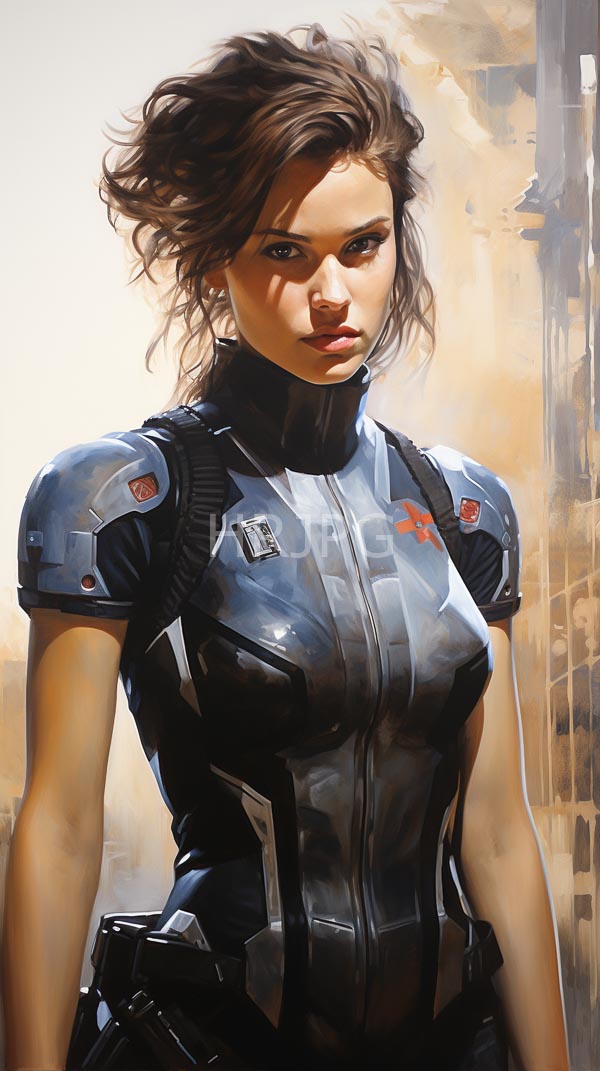 High Resolution: Young woman wavy brown hair wearing sleek black futuristic armored suit silver accents red logos has serious expression download. | HRJPG.com