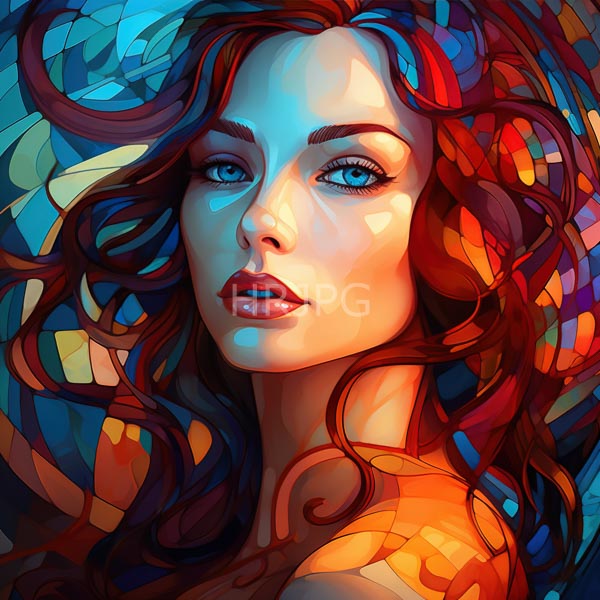 High Resolution: Beautiful woman vibrant wavy red hair blue eyes fair skin slight confident smile surrounded by colorful mosaic-like blues oranges download. | HRJPG.com