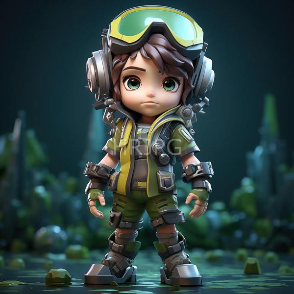 High Resolution: Cute young boy large green eyes brown hair serious expression wears green yellow jumpsuit silver mechanical armor green-tinted goggles download. | HRJPG.com