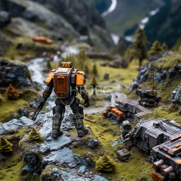 High Resolution: Detailed orange and gray sci-fi mecha figurine standing rocky green mountain landscape mecha rectangular backpack and holds large gun download. | HRJPG.com