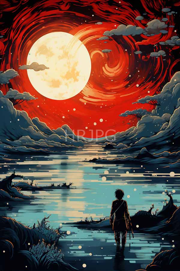 High Resolution: Lone figure dark hair backpack stands reflective lake facing massive glowing red and orange sun surrounded by swirling clouds download. | HRJPG.com