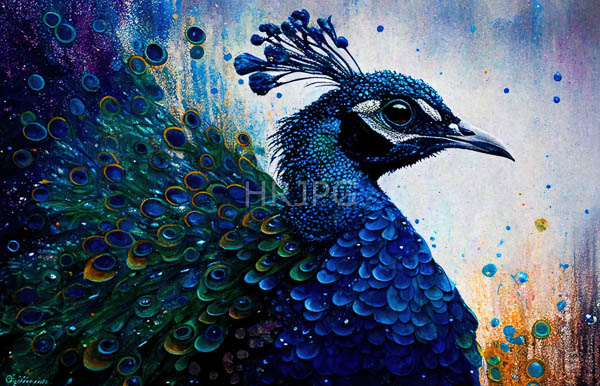 High Resolution: Vibrant peacock detailed textured blue and green plumage bird's head turned right showcasing its sharp beak intricate feather download. | HRJPG.com