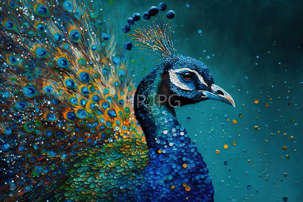 High Resolution: Vibrant peacock detailed multicolored feather fan head turned right showcasing its intricate blue and green scales prominent elegant crest download. | HRJPG.com