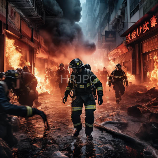 High Resolution: Photorealistic chaotic urban firefighting scene Central figure firefighter full gear helmet oxygen tank walking narrow fire-engulfed alley Surrounding download. | HRJPG.com