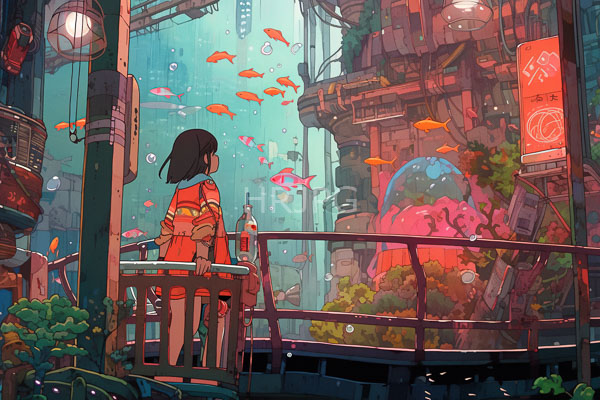 High Resolution: Anime-style young girl black hair red-orange striped dress sitting small balcony overlooking underwater cityscape Vibrant orange fish swim her download. | HRJPG.com