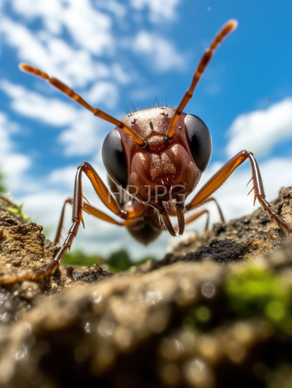 High Resolution: Brown ant large shiny black compound eyes standing textured mossy rock ant's antennae are prominently raised bright blue sky scattered download. | HRJPG.com
