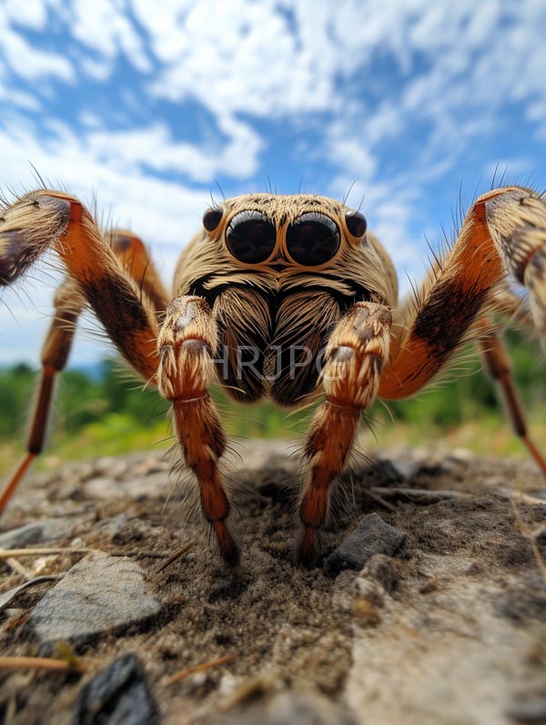 High Resolution: Brown jumping spider large dark round eyes prominent hairy legs textured furry body fine hairs clearly visible rocky sandy surface download. | HRJPG.com