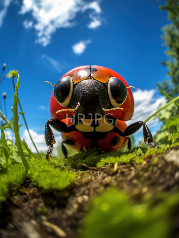 High Resolution: Vibrant red black ladybug large shiny black eyes standing green moss bright blue sky scattered white clouds blurred green foliage download. | HRJPG.com